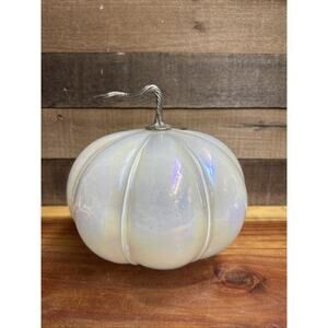 Art Glass Iridescent Opal Milky Pumpkin Hand-Blown Metal Stem 9” Tall